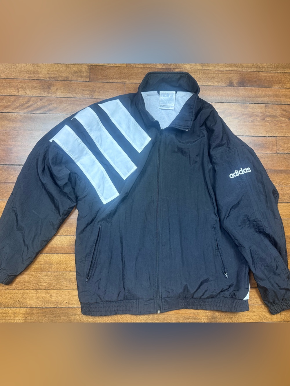 Vintage 90s Silver Tag Adidas Black Windbreaker Jacket with White Three-Stripes
